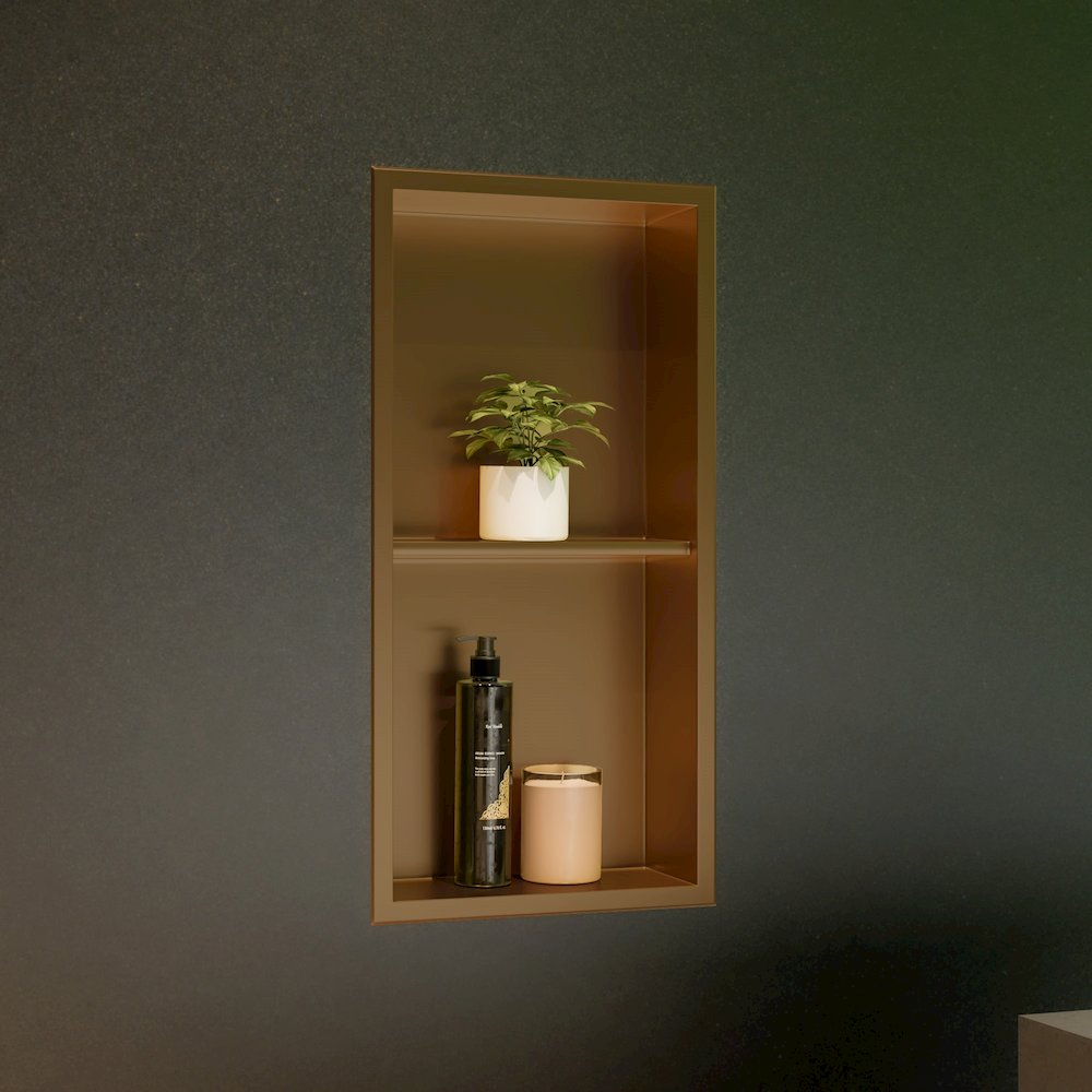 12" x 24" Brushed Gold PVD Stainless Steel Vertical Double Shelf Shower Niche. Picture 3