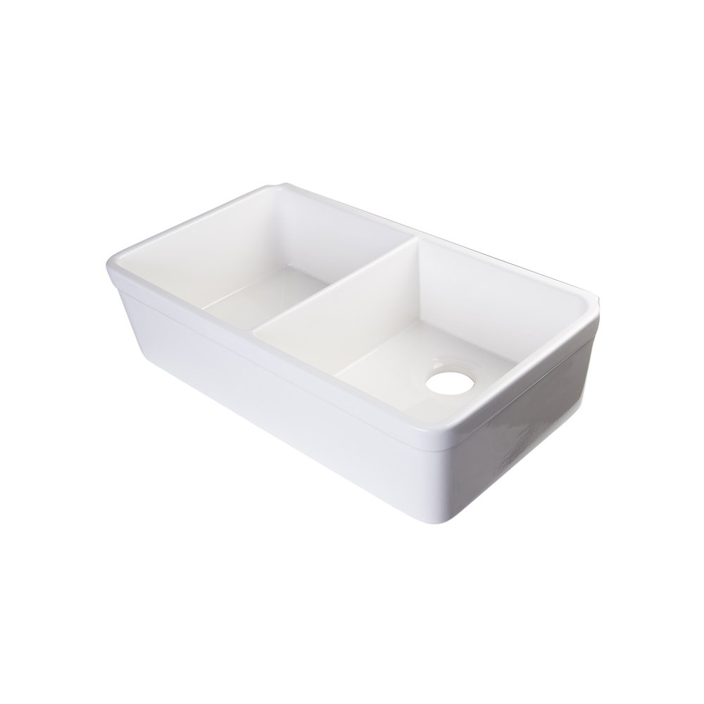 White 32" Double Bowl Lip Apron Fireclay Farmhouse Kitchen Sink with 1 3/4" Lip. Picture 1