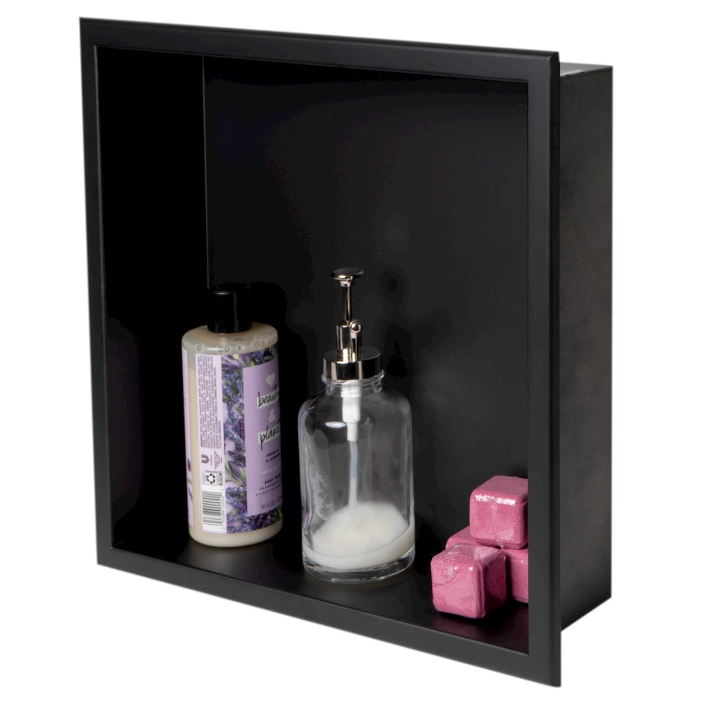 16" x 16" Black Matte Stainless Steel Square Single Shelf Bath Shower Niche. Picture 1