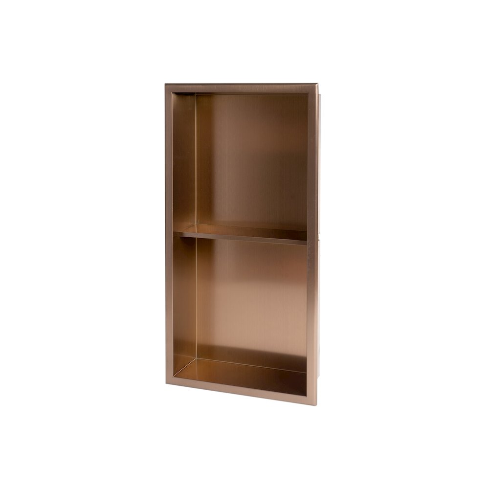 Brushed Copper PVD Stainless Steel Vertical Double Shelf Shower Niche. Picture 5