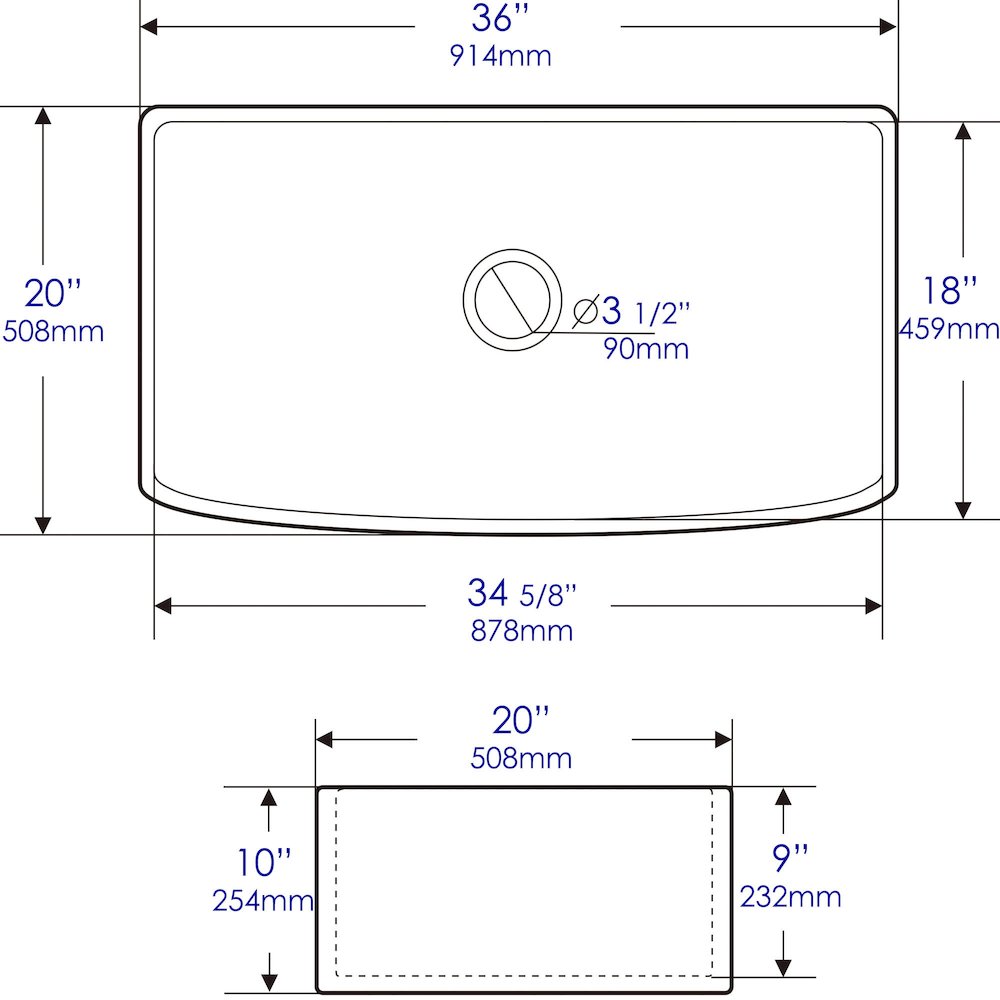 ALFI Brand White Smooth Curved Apron 36" x 20" Single Bowl Fireclay Farm Sink. Picture 10