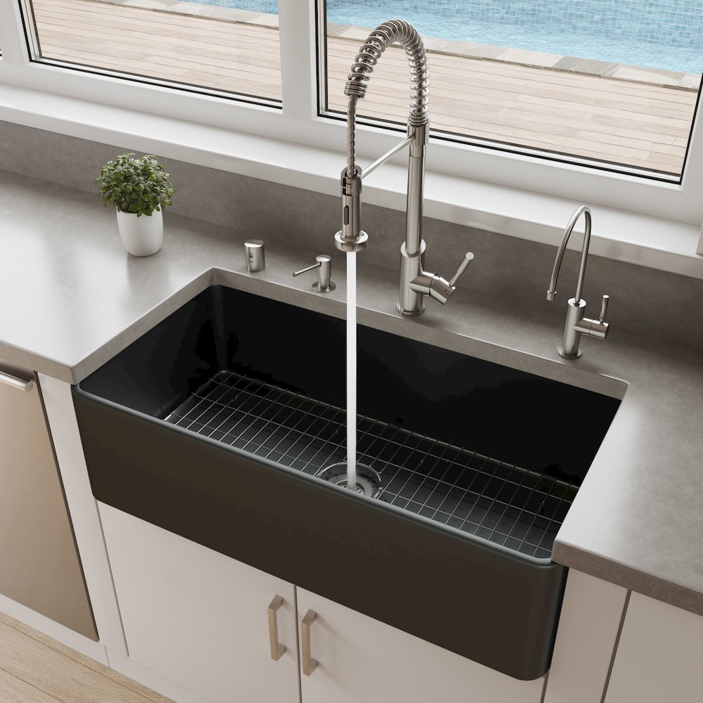 Black Matte Smooth Apron 36" x 18" Single Bowl Fireclay Farm Sink. Picture 2