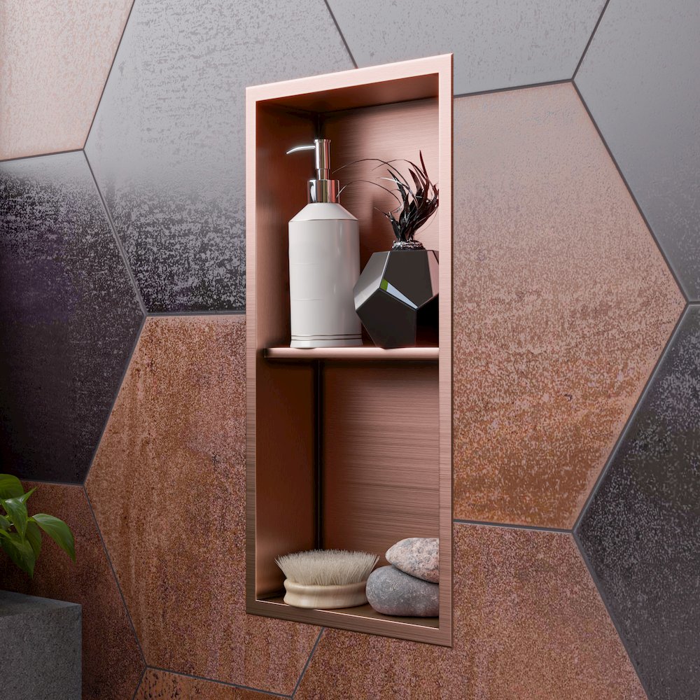 Brushed Copper PVD Stainless Steel Vertical Double Shelf Shower Niche. Picture 3