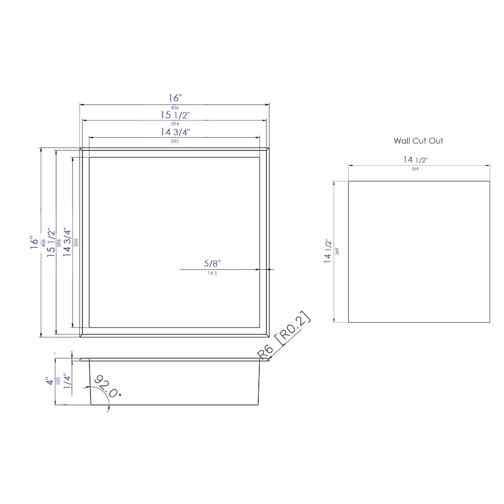 16" x 16" Black Matte Stainless Steel Square Single Shelf Bath Shower Niche. Picture 6