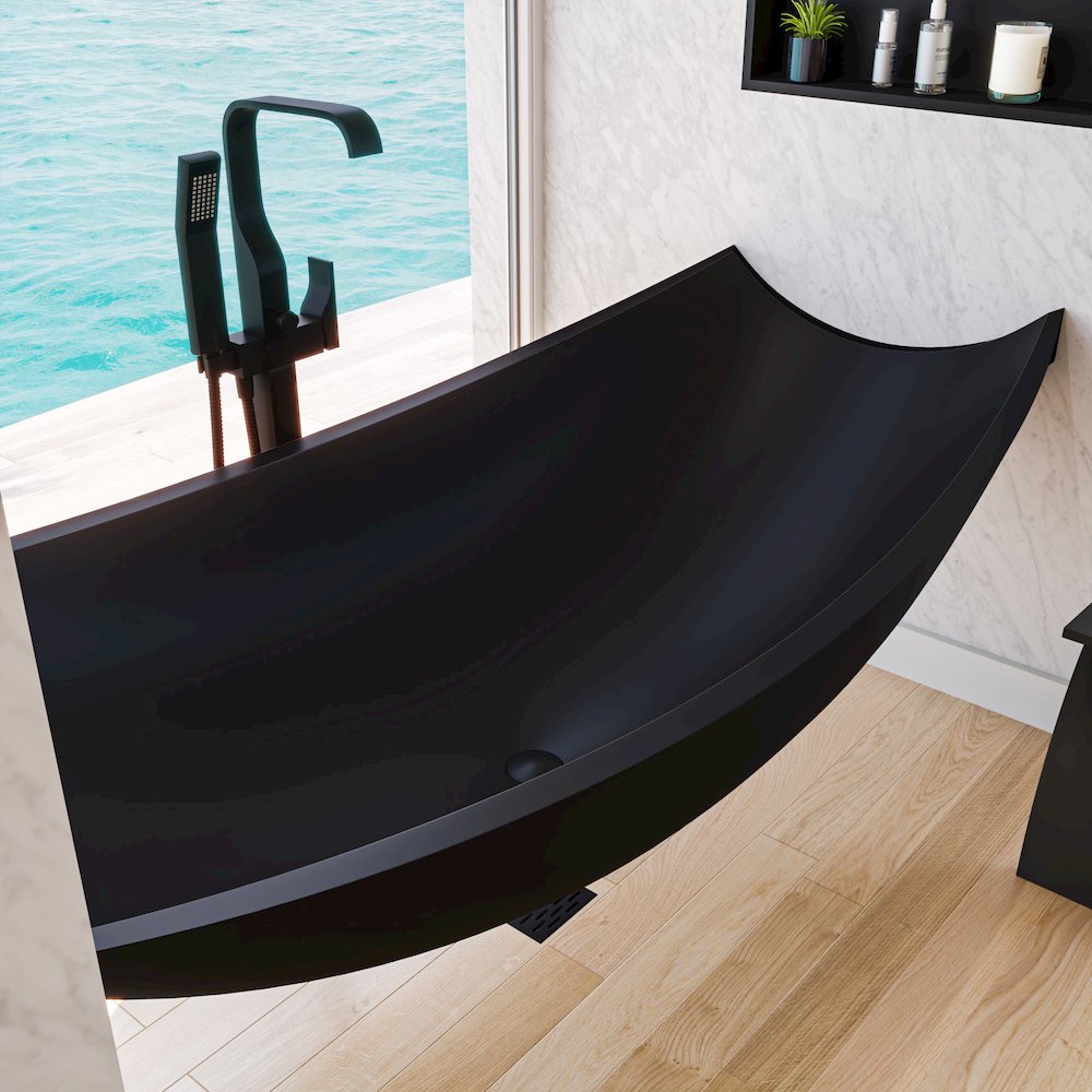 Black Matte 71" Solid Surface Resin Suspended Wall Mounted Hammock Bathtub. Picture 3