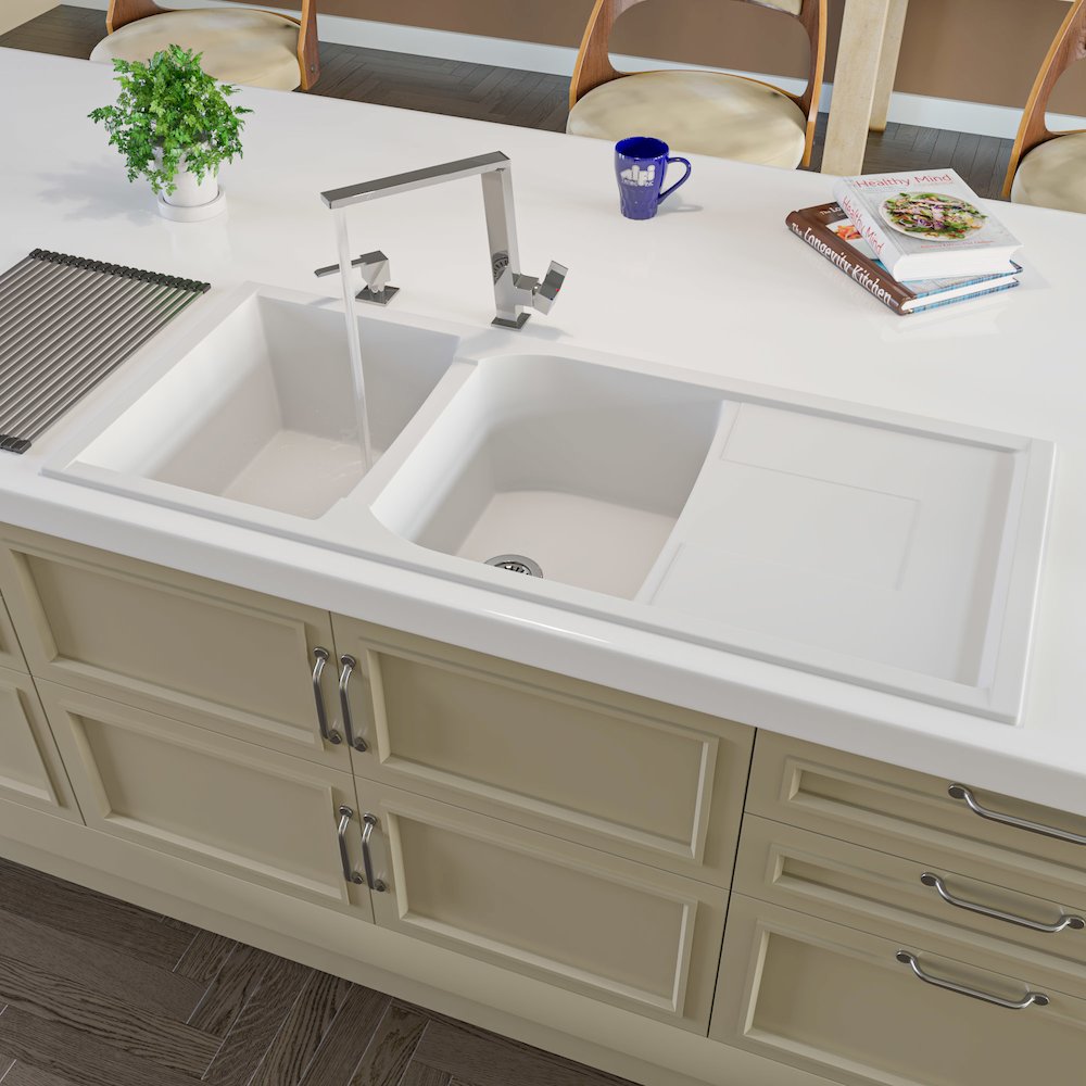 White 46" Double Bowl Granite Composite Kitchen Sink with Drainboard. Picture 2