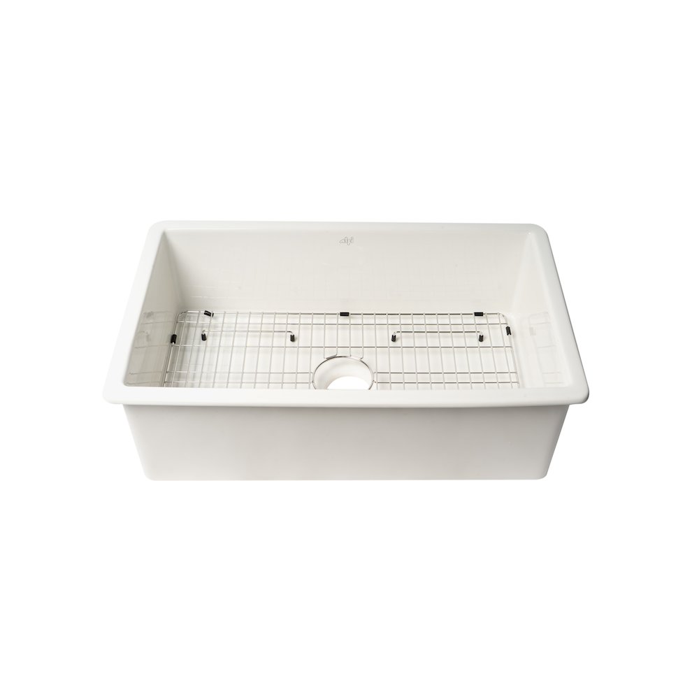 Fireclay White 32" x 19" Single Bowl Undermount / Drop In Kitchen Sink w Grid. Picture 1