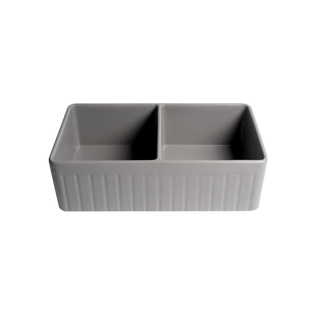 Gray Matte Smooth Apron 33" x 18" Double Bowl Fireclay Farm Sink. Picture 7