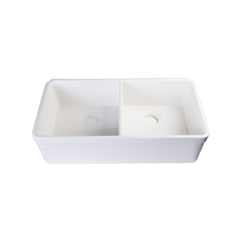 White 32" Double Bowl Lip Apron Fireclay Farmhouse Kitchen Sink with 1 3/4" Lip. Picture 6