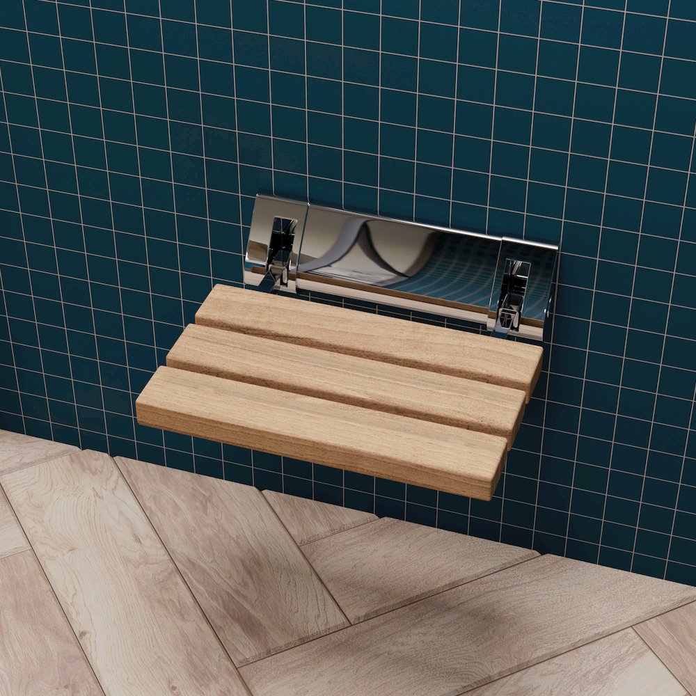 Polished Chrome 14" Folding Teak Wood Shower Seat Bench. Picture 7