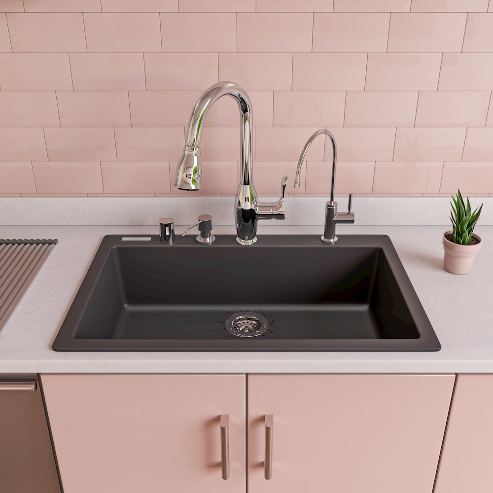 Black 30" Drop-In Single Bowl Granite Composite Kitchen Sink. Picture 3