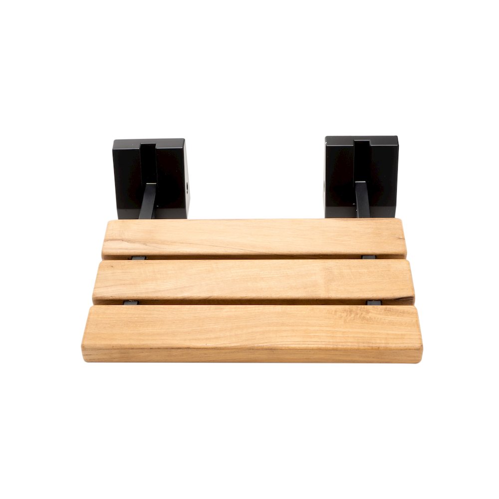 Black Matte 16" Wide Foldable Teak Shower Seat with Square Hardware. Picture 4
