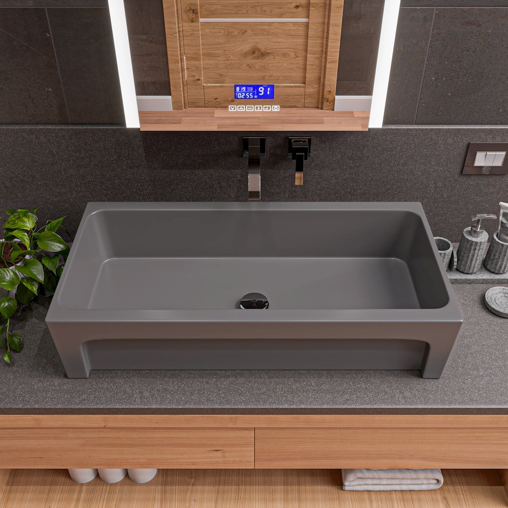 36" Grey Matte Above Mount Fireclay Bathroom Trough Sink. Picture 5