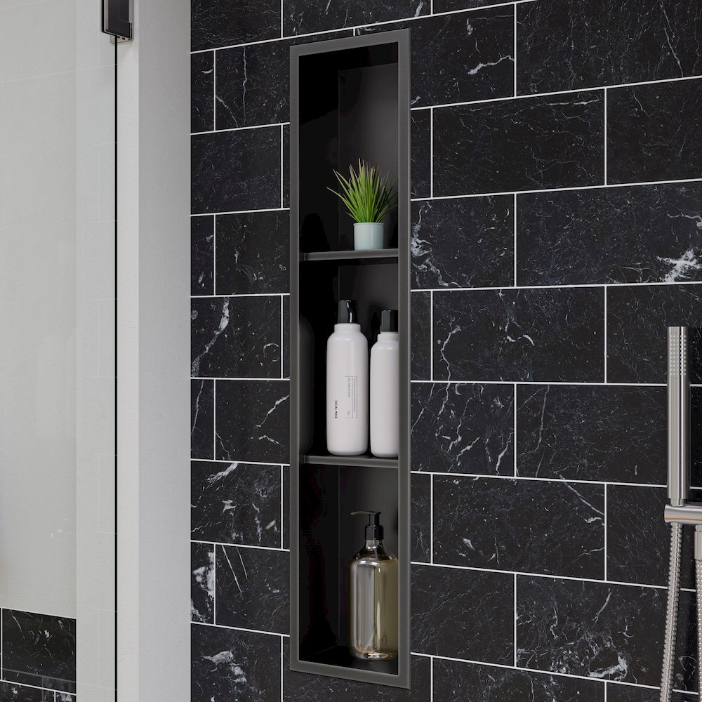 8" x 36" Brushed Black PVD Stainless Steel Vertical Triple Shelf Shower Niche. Picture 2