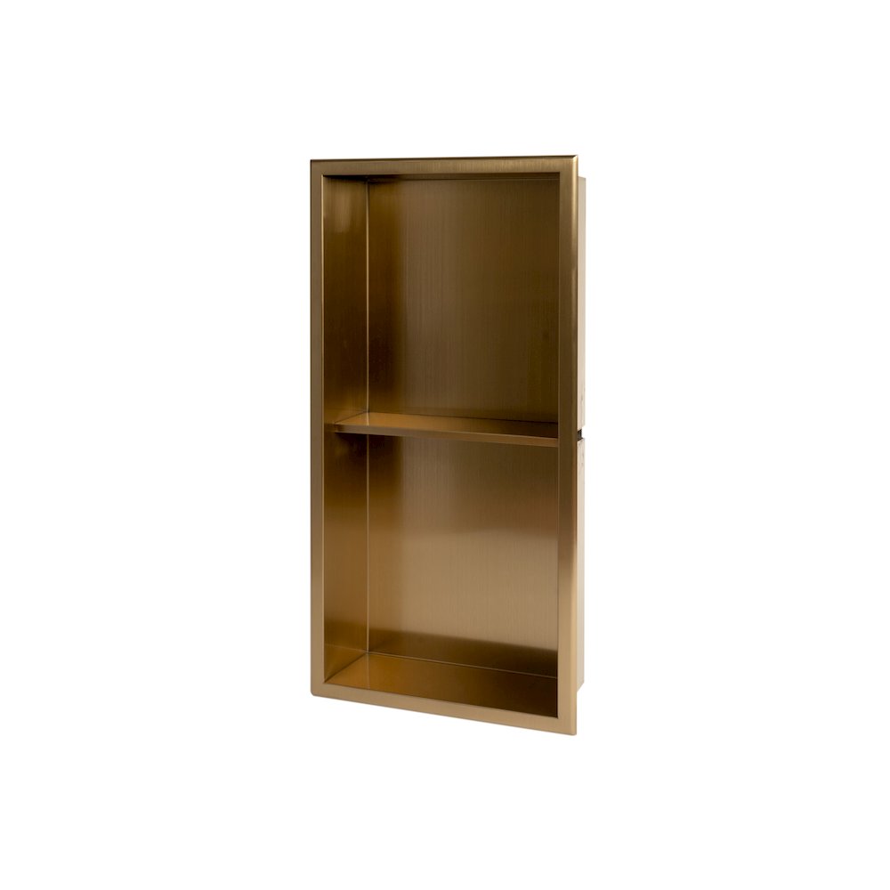 12" x 24" Brushed Gold PVD Stainless Steel Vertical Double Shelf Shower Niche. Picture 1
