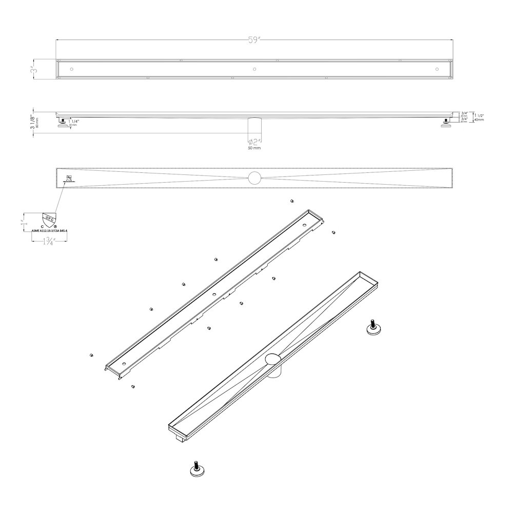 59" Stainless Steel Linear Shower Drain with No Cover. Picture 8