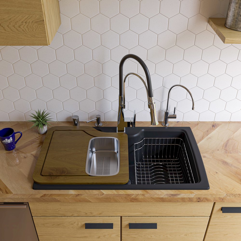 Black 35" Drop-In Single Bowl Granite Composite Kitchen Sink. Picture 3