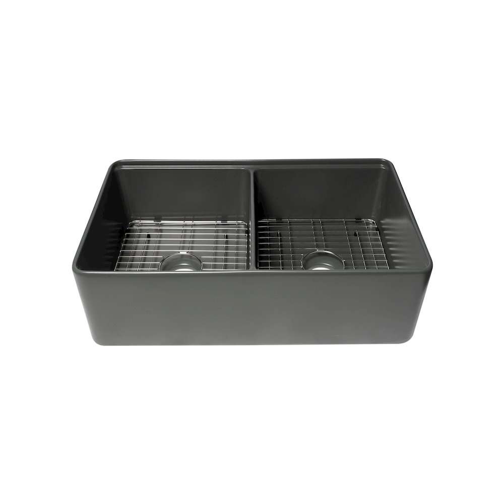 Grey Matte Workstation 33" x 20" Double Bowl Step Rim Fireclay Farm Sink. Picture 3