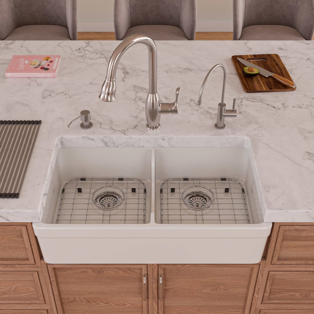 White 32" Short Wall Double Bowl Lip Apron Fireclay Farmhouse Kitchen Sink. Picture 3