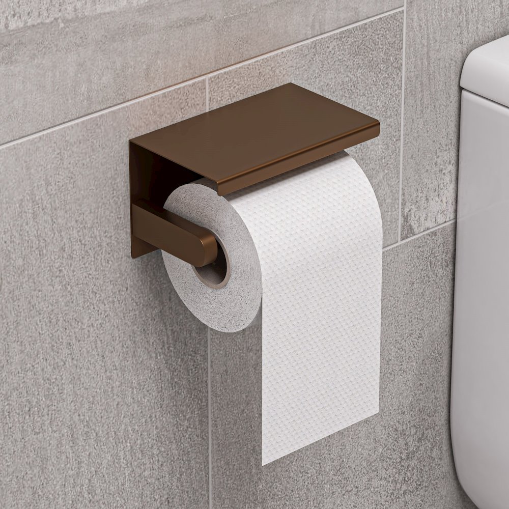 ALFI brand Brushed Copper PVD Stainless Steel Toilet Paper Holder with Shelf. Picture 7