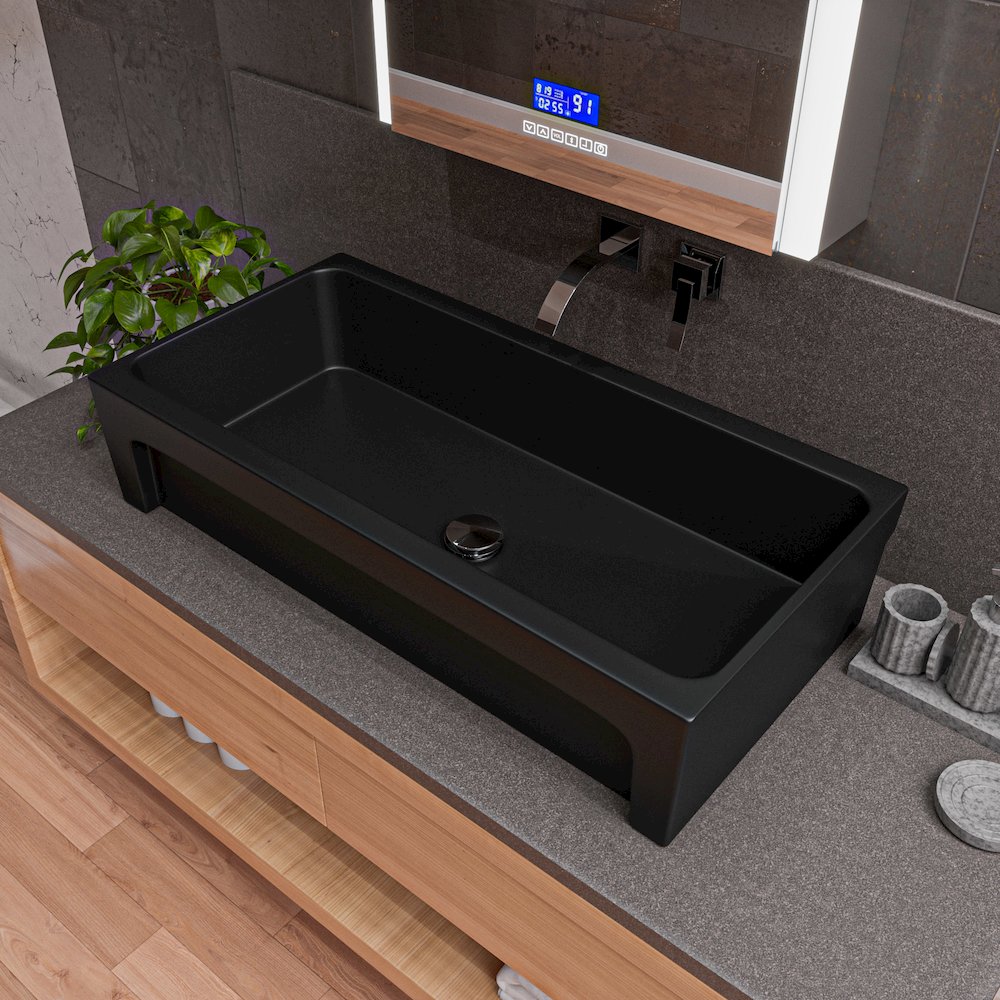 36" Black Matte Above Mount Fireclay Bathroom Trough Sink. Picture 3