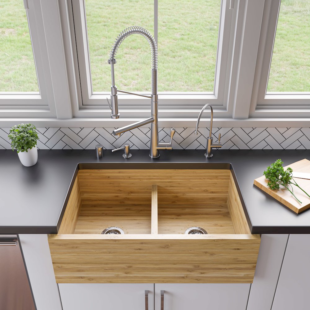 33" Double Bowl Bamboo Kitchen Farm Sink. Picture 3