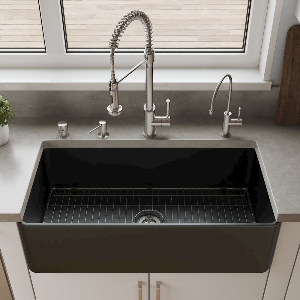 Black Matte Smooth Apron 36" x 18" Single Bowl Fireclay Farm Sink. Picture 3