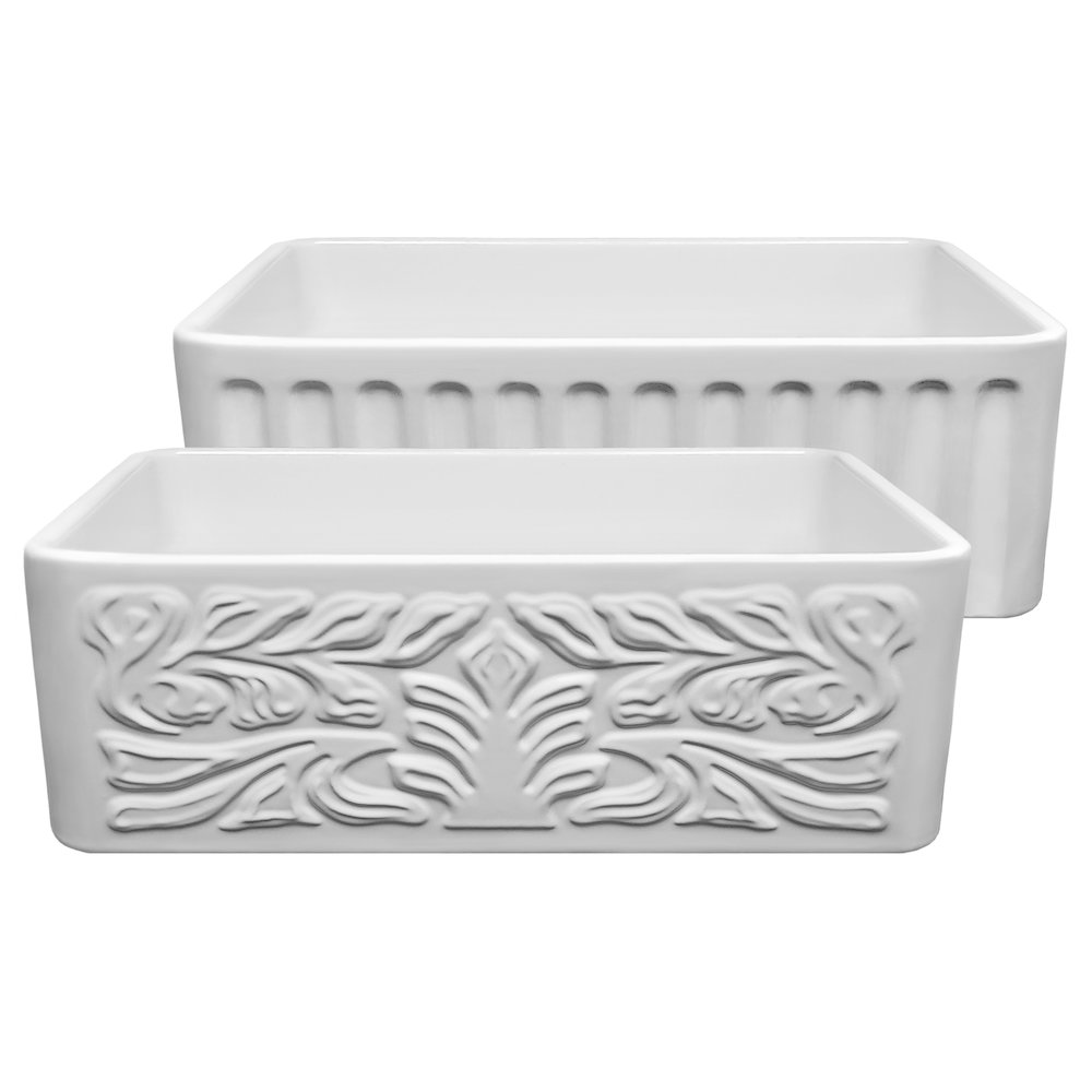 Farmhaus Fireclay Reversible Sink with a Gothichaus Swirl Design Front Apron on One Side, and a Fluted Front Apron on the Opposite Side.. Picture 1