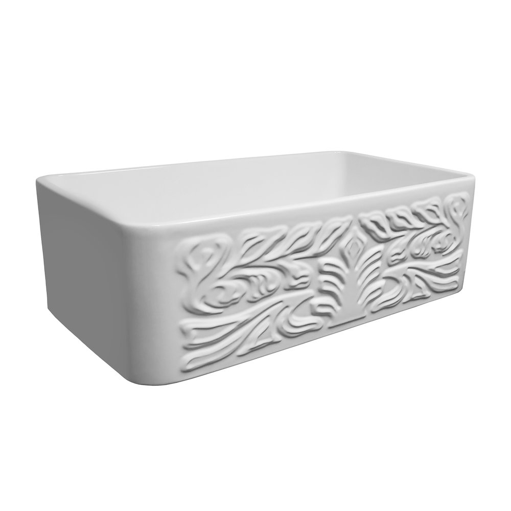Farmhaus Fireclay Reversible Sink with a Gothichaus Swirl Design Front Apron on One Side, and a Fluted Front Apron on the Opposite Side.. Picture 2