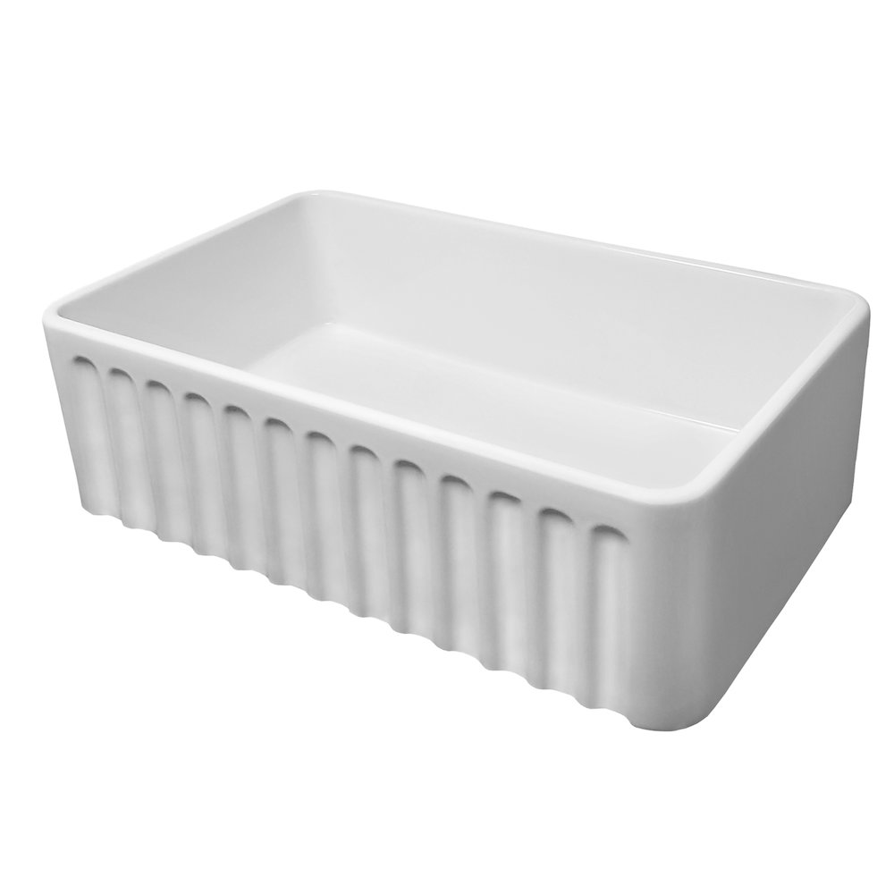 Farmhaus Fireclay Reversible Sink with a Gothichaus Swirl Design Front Apron on One Side, and a Fluted Front Apron on the Opposite Side.. Picture 3