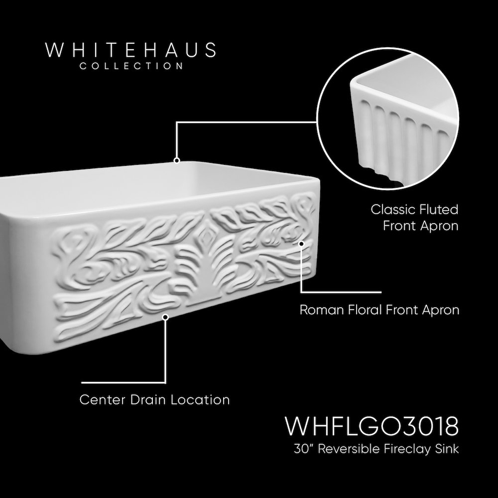 Farmhaus Fireclay Reversible Sink with a Gothichaus Swirl Design Front Apron on One Side, and a Fluted Front Apron on the Opposite Side.. Picture 4