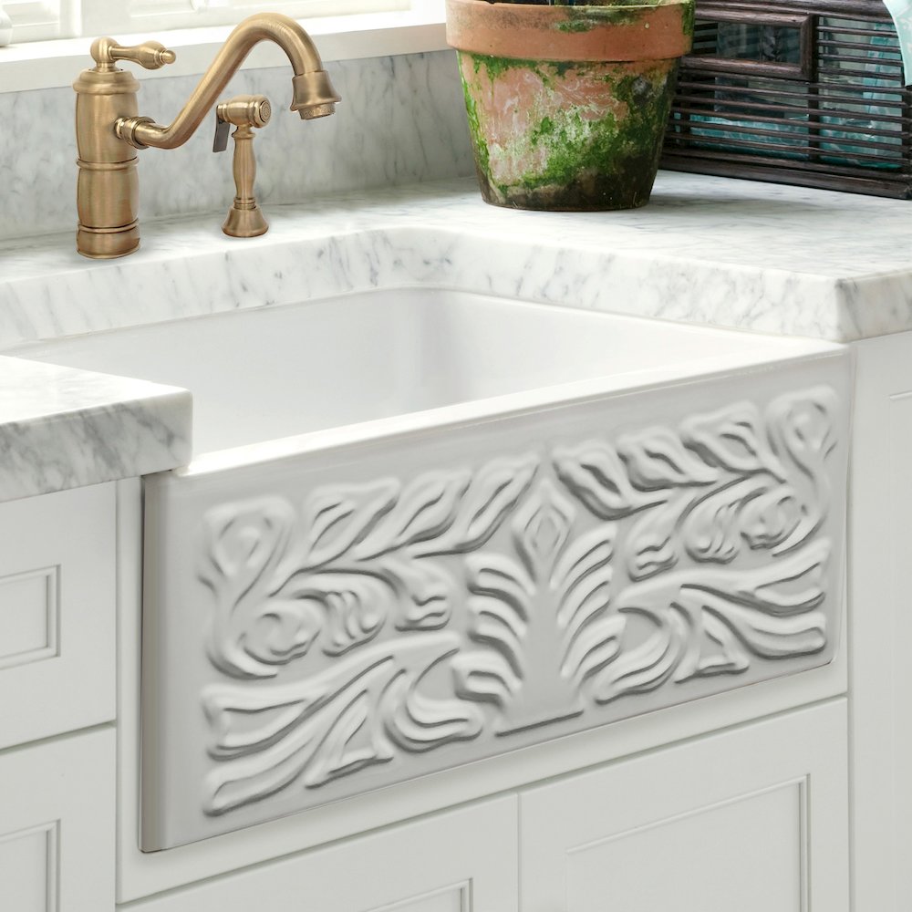 Farmhaus Fireclay Reversible Sink with a Gothichaus Swirl Design Front Apron on One Side, and a Fluted Front Apron on the Opposite Side.. Picture 5
