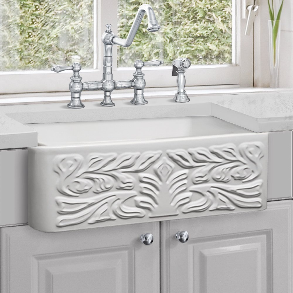 Farmhaus Fireclay Reversible Sink with a Gothichaus Swirl Design Front Apron on One Side, and a Fluted Front Apron on the Opposite Side.. Picture 6
