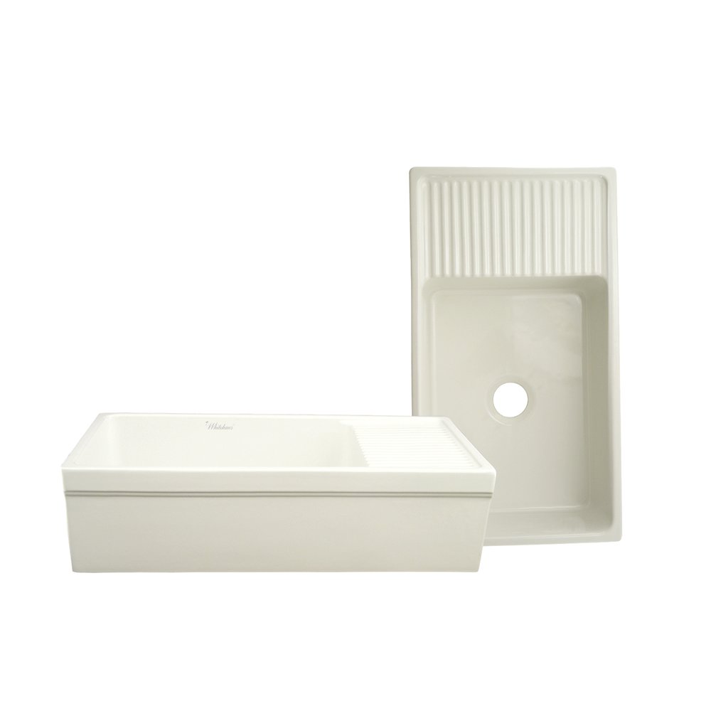 Farmhaus Fireclay Quatro Alcove Large Reversible Sink with Integral Drainboard and Decorative 2 ½" Lip on Both Sides. Picture 1