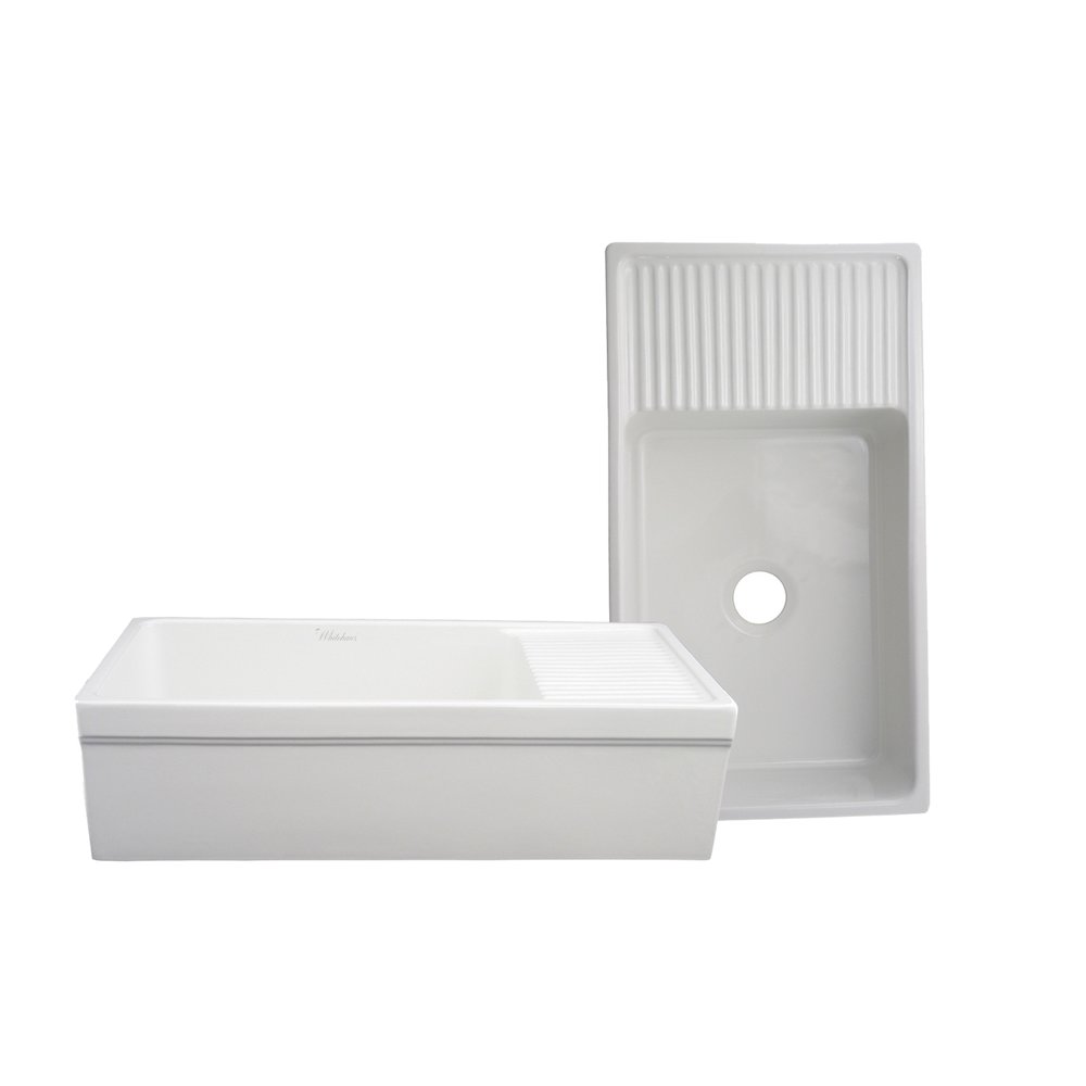 Farmhaus Fireclay Quatro Alcove Large Reversible Sink with Integral Drainboard and Decorative 2 ½" Lip on Both Sides. Picture 1