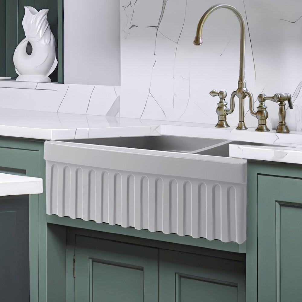 Farmhaus Quatro Alcove Reversible Matte Double Bowl Fireclay Kitchen Sink. Picture 5