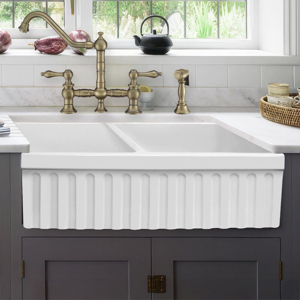 Farmhaus Fireclay Quatro Alcove Reversible Double Bowl Sink. Picture 5