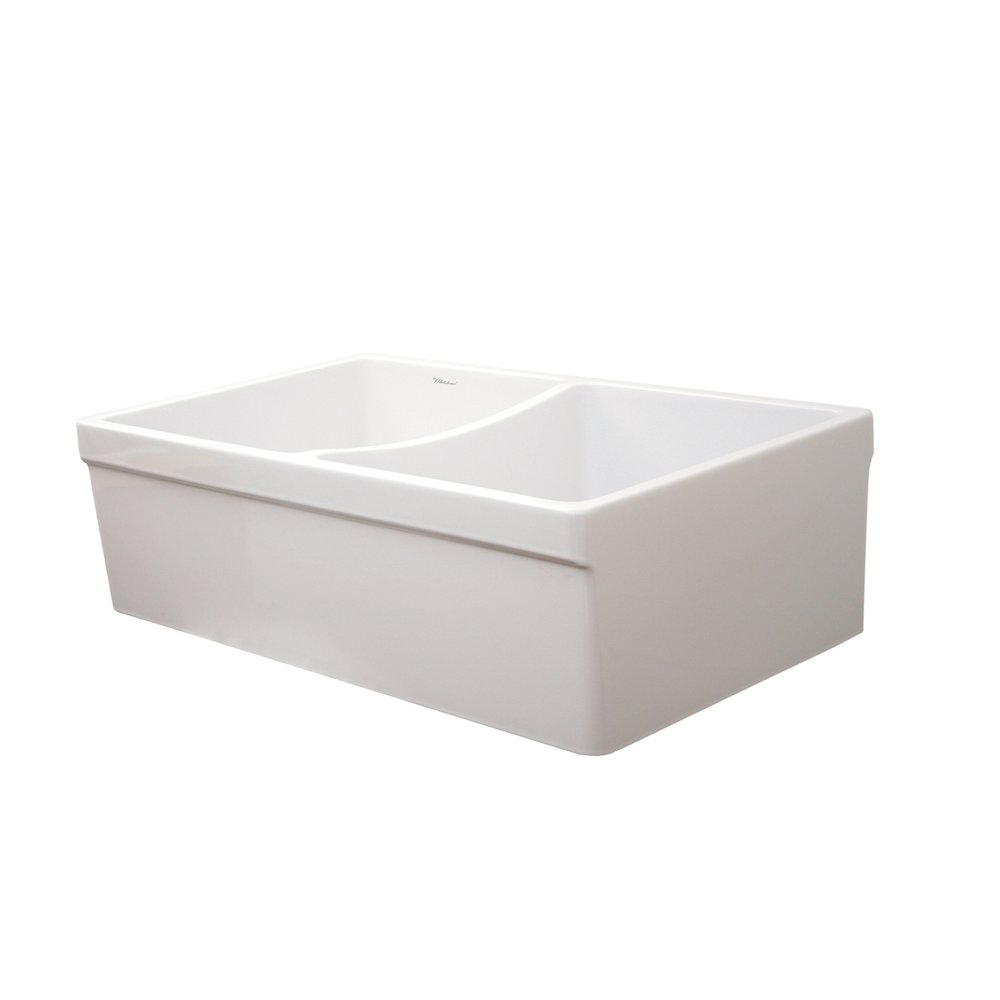 Farmhaus Fireclay Quatro Alcove Reversible Double Bowl Sink with 2" Lip on One Side and 2 ½" Lip on the Opposite Side. Picture 1