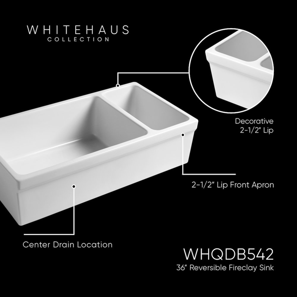 Farmhaus Fireclay Quatro Alcove Large Reversible Sink and Small Bowl with Decorative 2 ½" Lip on Both Sides. Picture 3