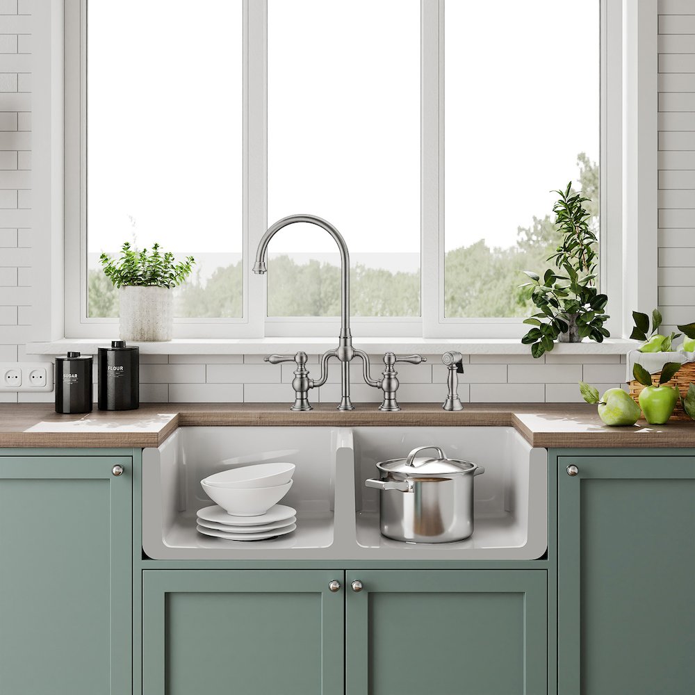 Collection 36" Reversible Double Bowl Fireclay Kitchen Sink. Picture 4