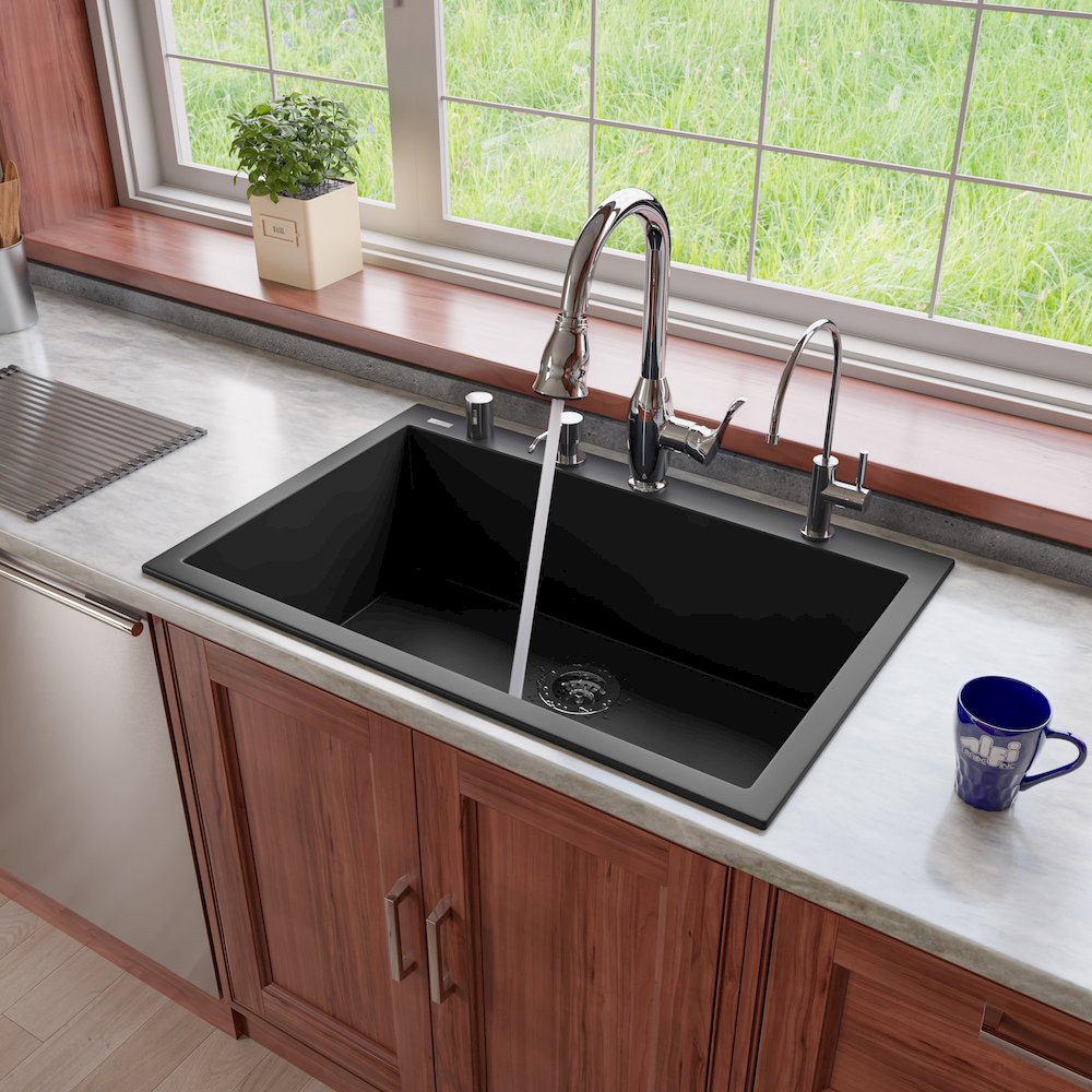 Black 33" Single Bowl Drop In Granite Composite Kitchen Sink. Picture 2