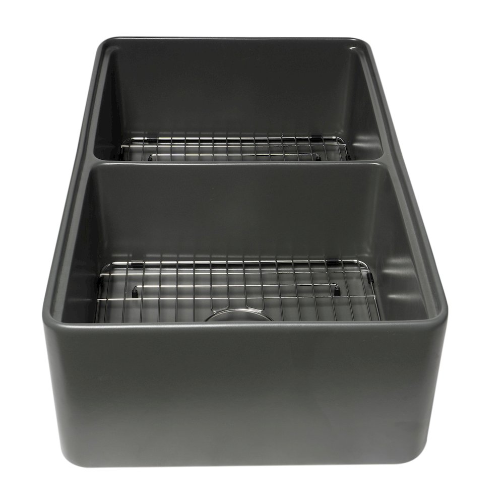 Grey Matte Workstation 33" x 20" Double Bowl Step Rim Fireclay Farm Sink. Picture 7