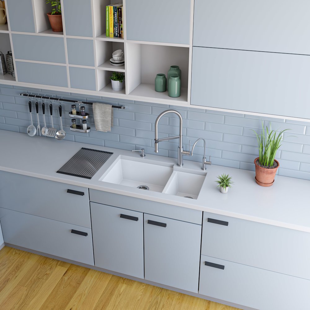 White 34" Double Bowl Undermount Granite Composite Kitchen Sink. Picture 6