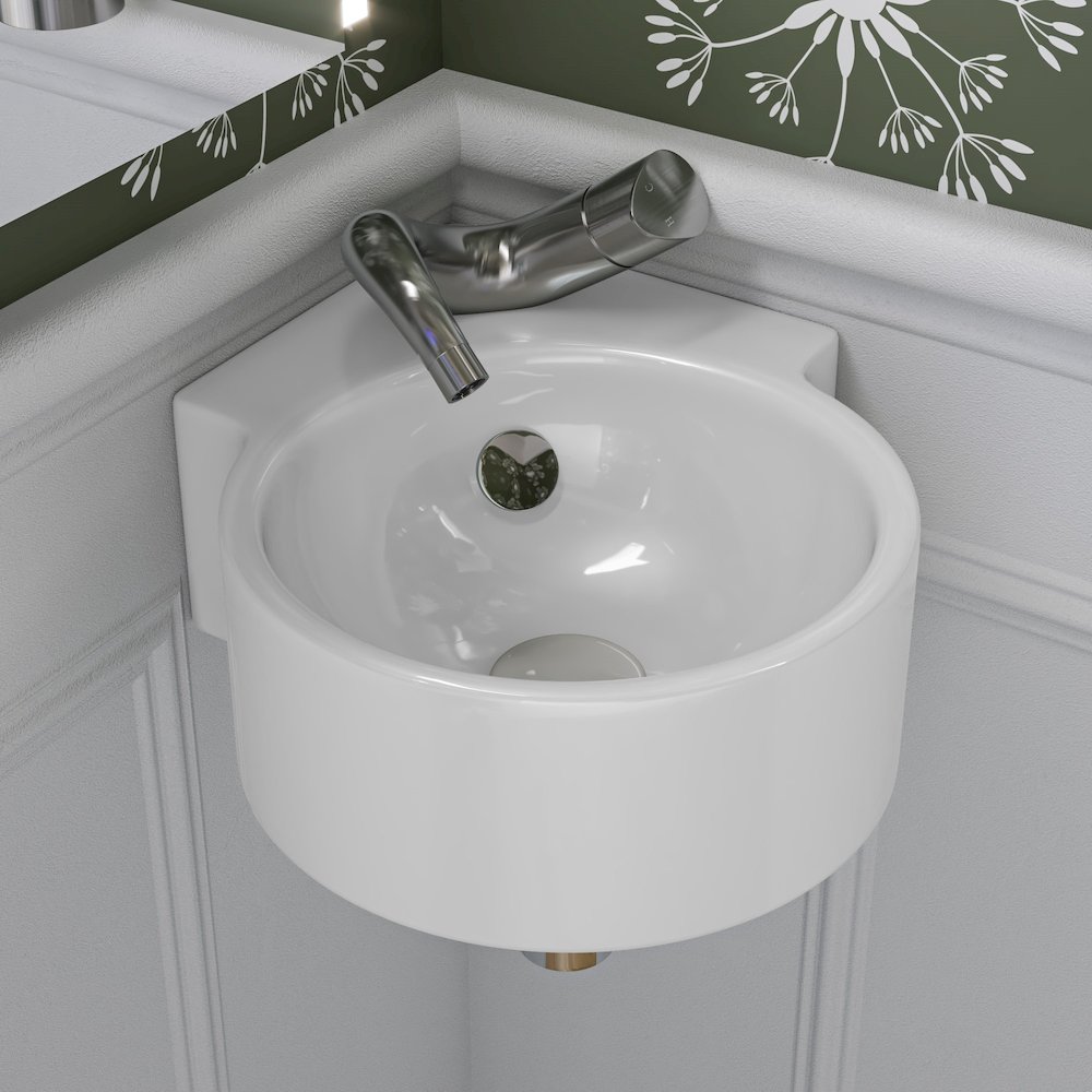 White 17" Tiny Corner Wall Mounted Ceramic Sink with Faucet Hole. Picture 2