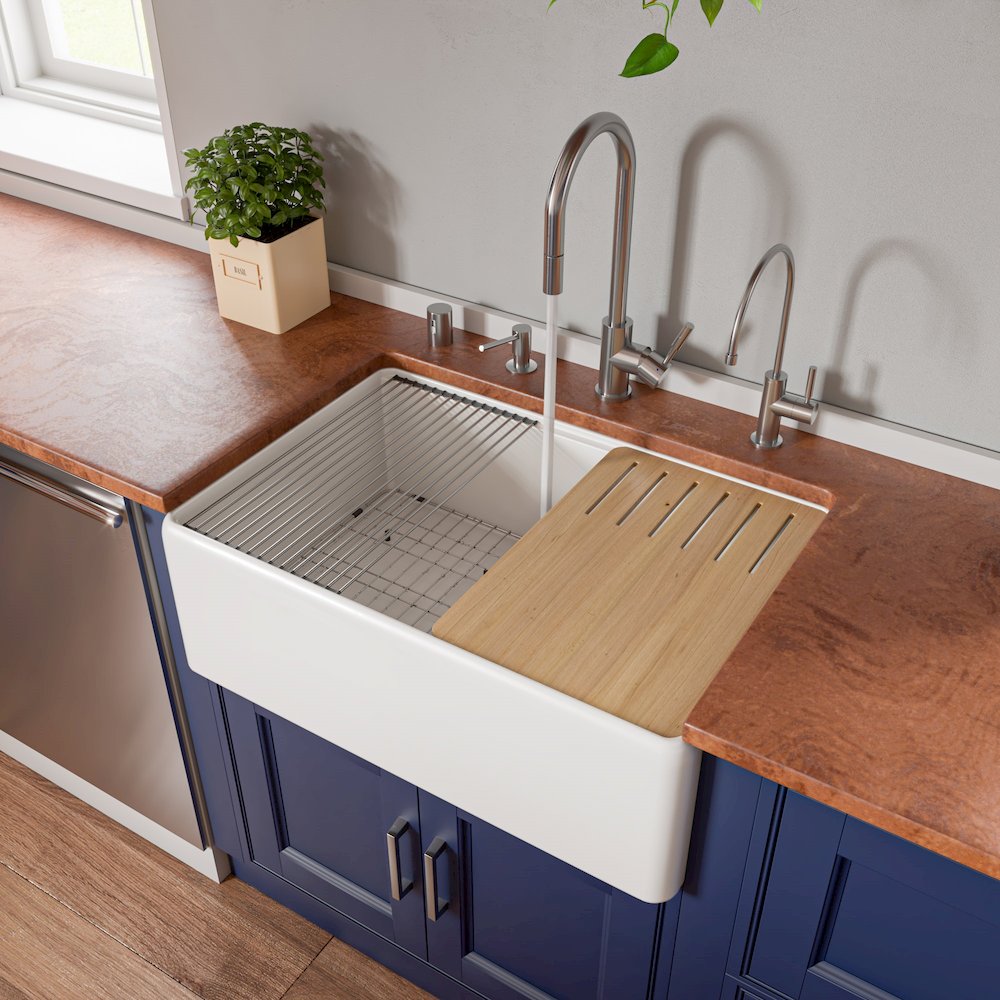 White Smooth Apron Workstation 30" x 20" Single Bowl Step Rim Fireclay Farm Sink. Picture 2
