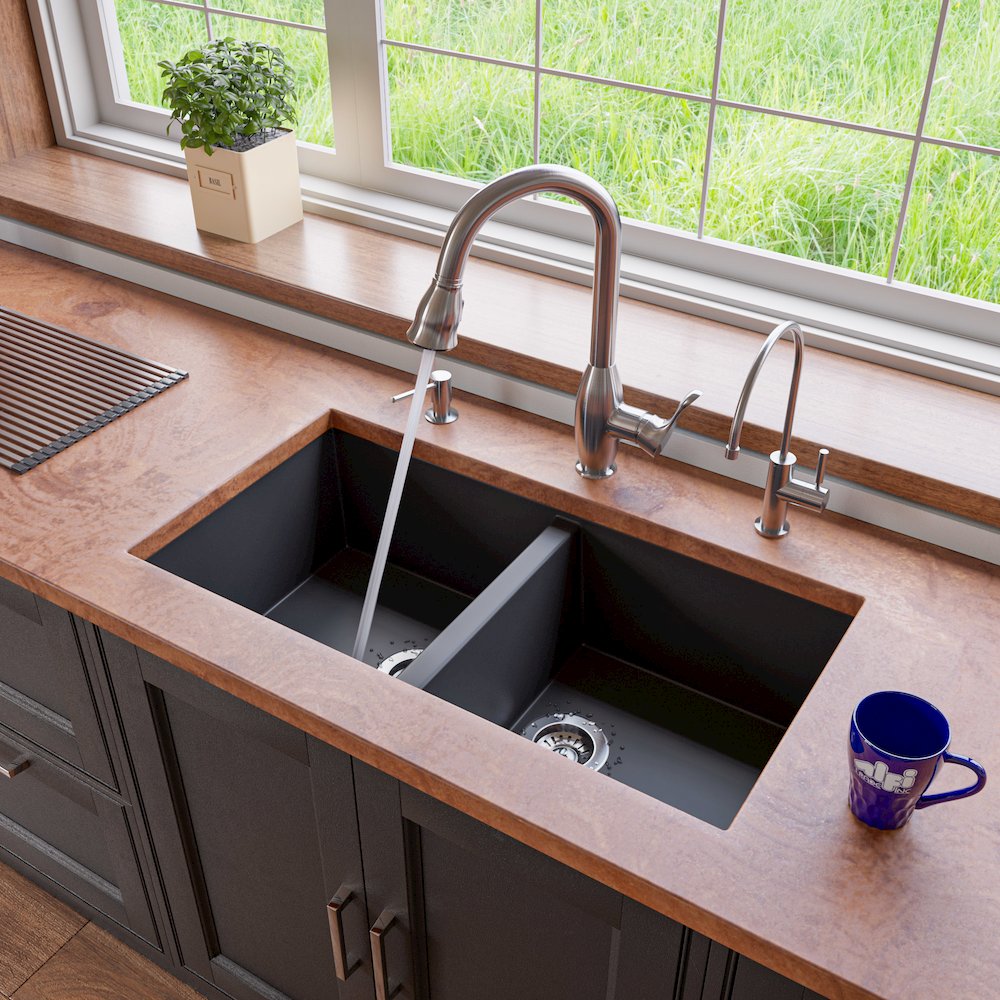 Black 34" Undermount Double Bowl Granite Composite Kitchen Sink. Picture 2