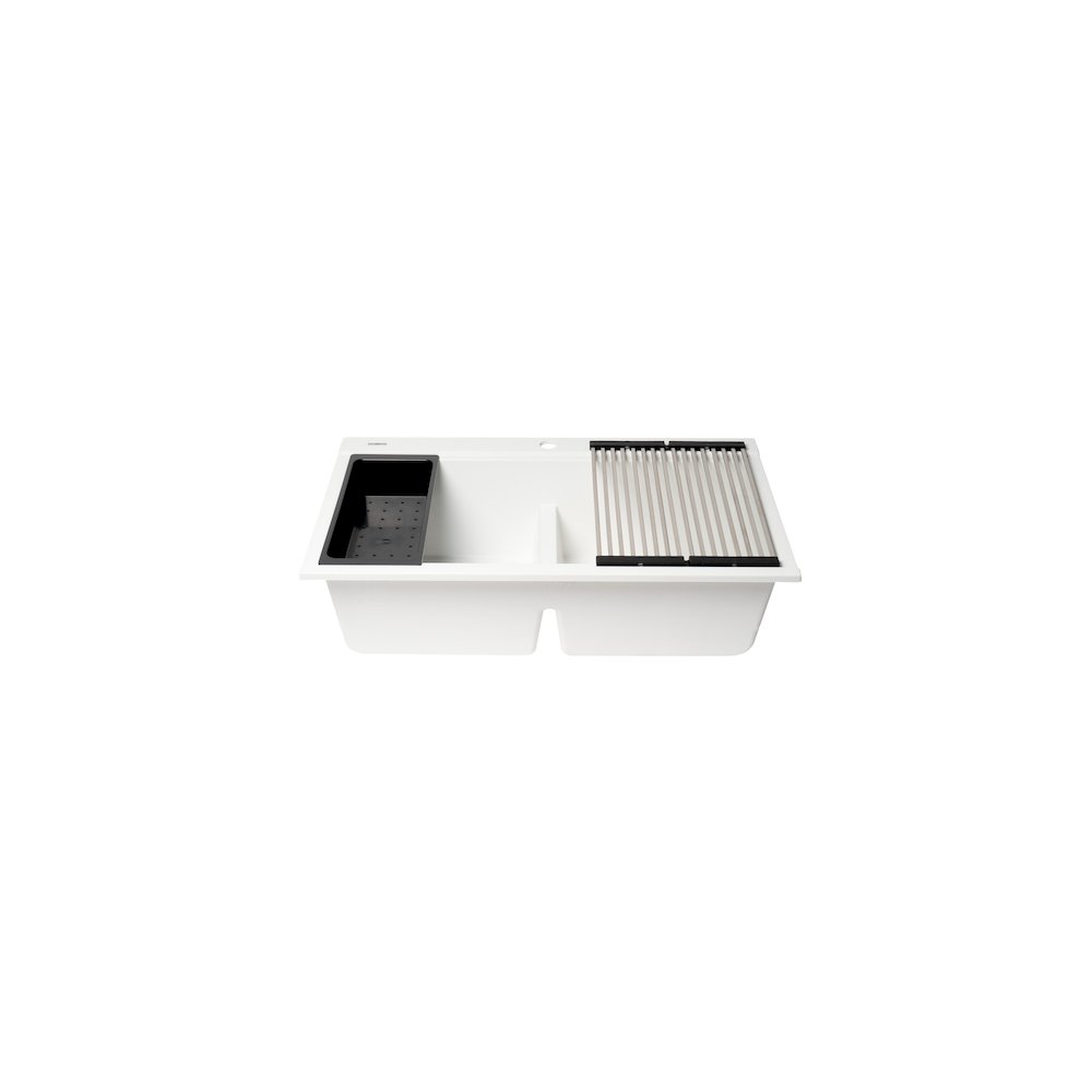 White 33" Granite Composite Workstation Step Rim Double Bowl Drop In Sink. Picture 1