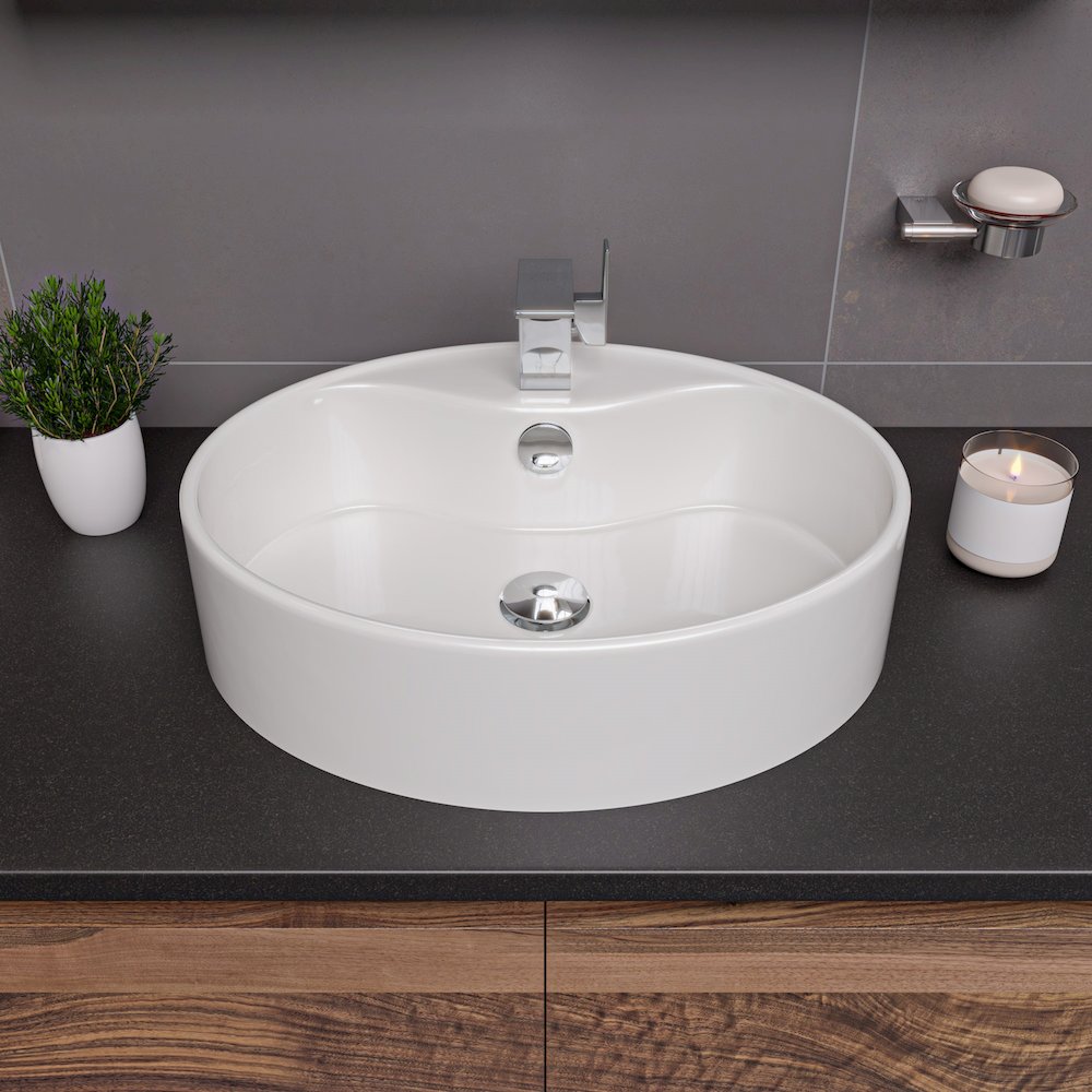 White 22" Oval Above Mount Ceramic Sink with Faucet Hole. Picture 3