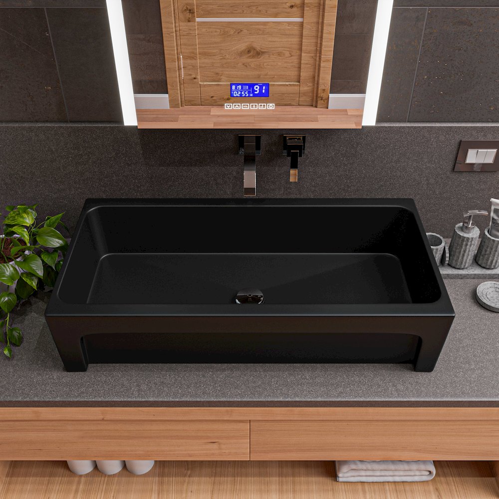 36" Black Matte Above Mount Fireclay Bathroom Trough Sink. Picture 5