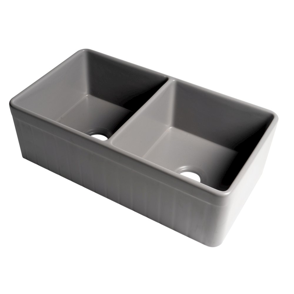 Gray Matte Smooth Apron 33" x 18" Double Bowl Fireclay Farm Sink. Picture 1